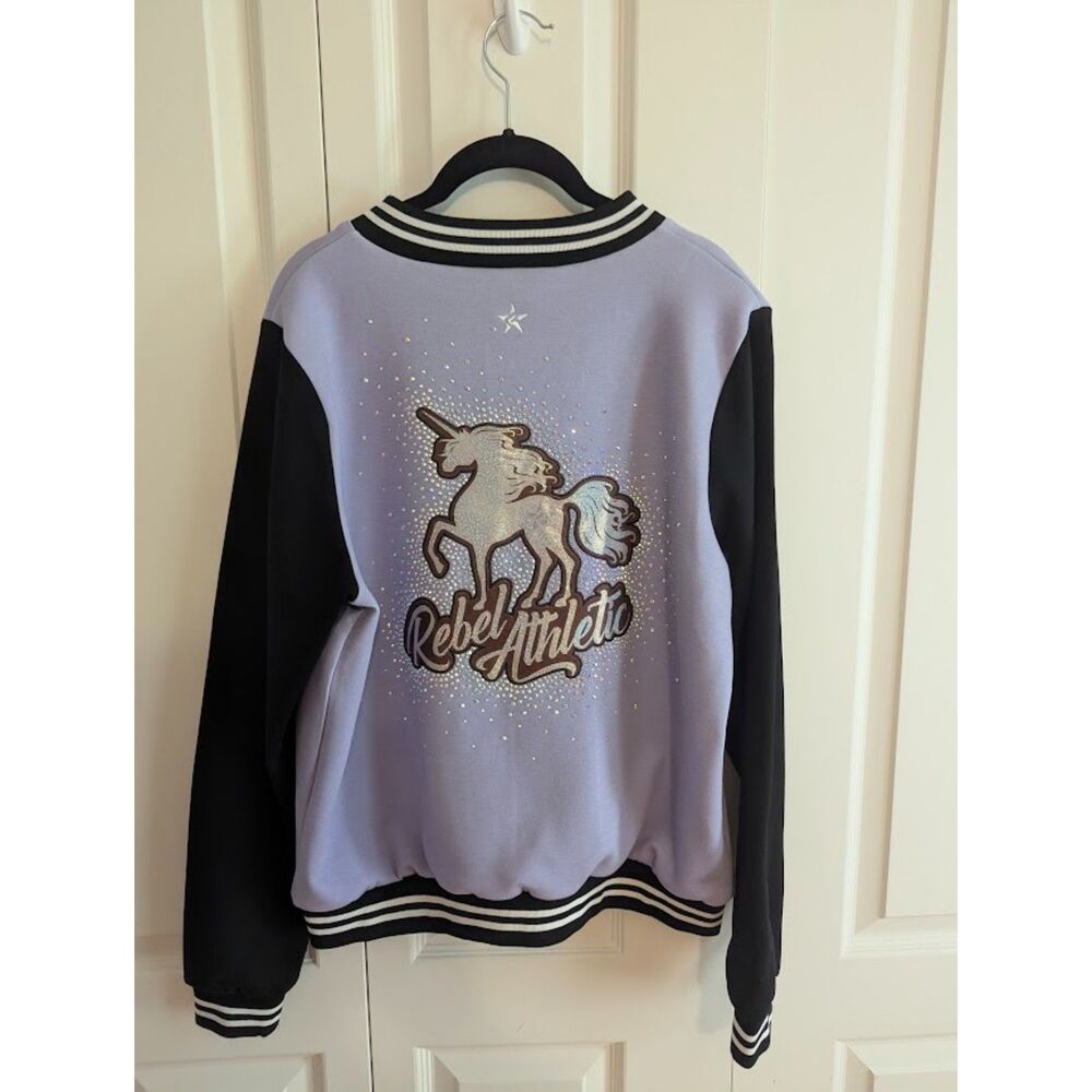 NWT Rebel Athletic sparkly unicorn purple varsity-style jacket cheer dance AM